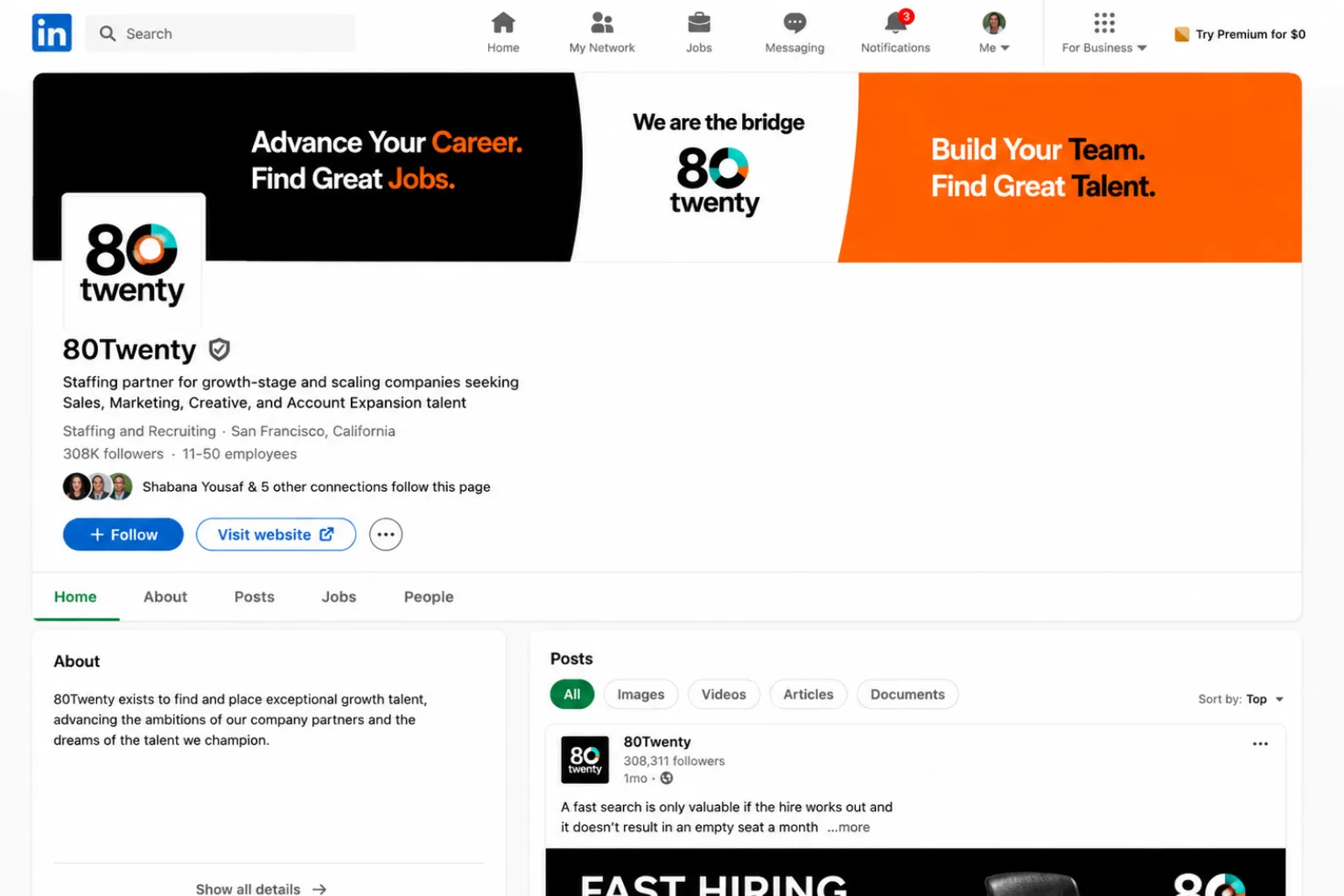 80Twenty’s company page after the rebuild — 308K followers, verified