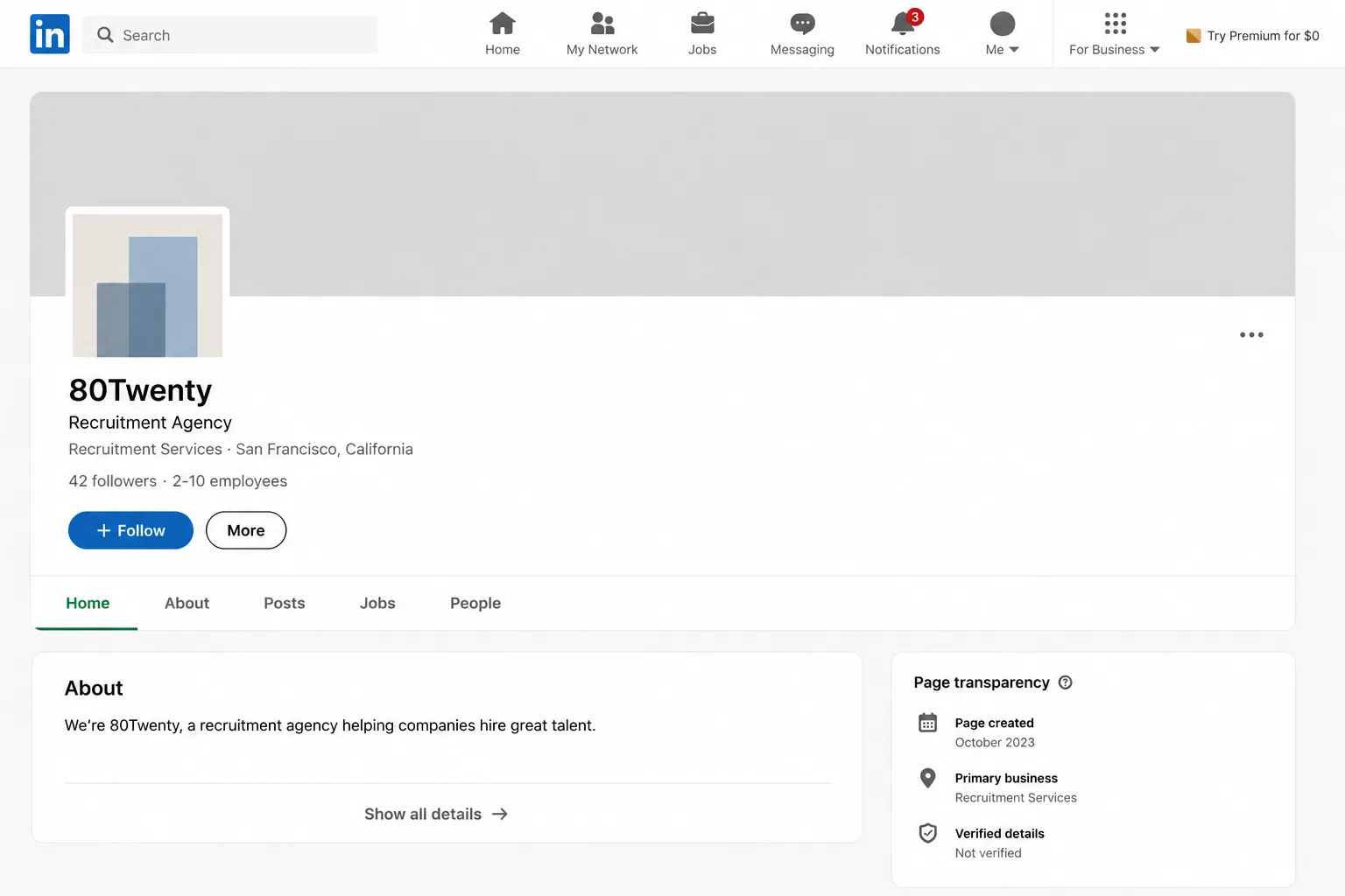 80Twenty’s company page before the rebuild — 42 followers, no banner